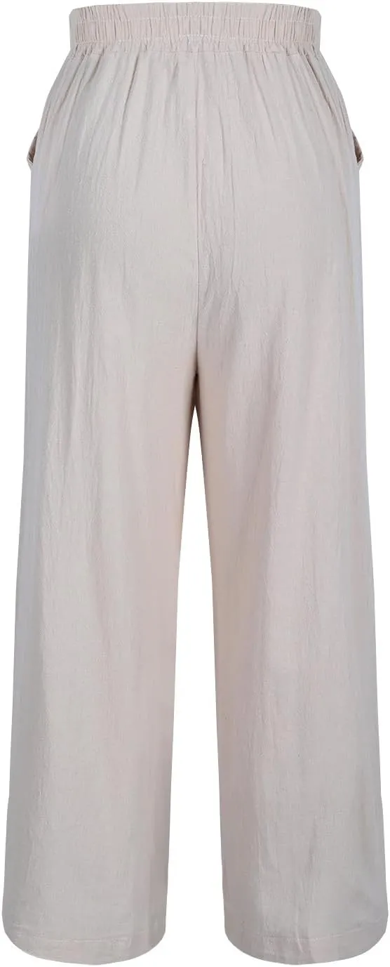 2025 Trendy Women Linen Pants Casual Wide Leg with Embroidery Pattern Cropped Palazzo Beach Boho Pant Summer Outfits