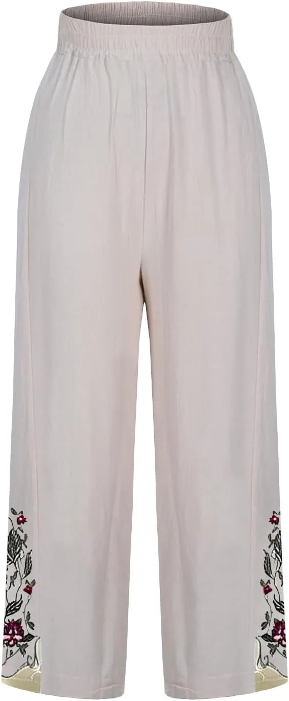 2025 Trendy Women Linen Pants Casual Wide Leg with Embroidery Pattern Cropped Palazzo Beach Boho Pant Summer Outfits
