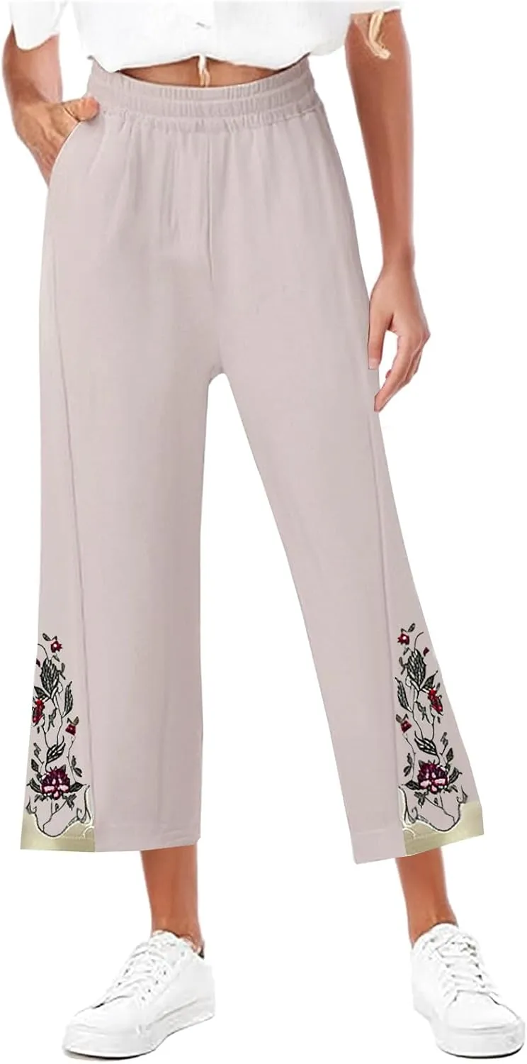 2025 Trendy Women Linen Pants Casual Wide Leg with Embroidery Pattern Cropped Palazzo Beach Boho Pant Summer Outfits