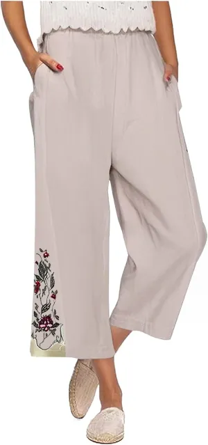 2025 Trendy Women Linen Pants Casual Wide Leg with Embroidery Pattern Cropped Palazzo Beach Boho Pant Summer Outfits