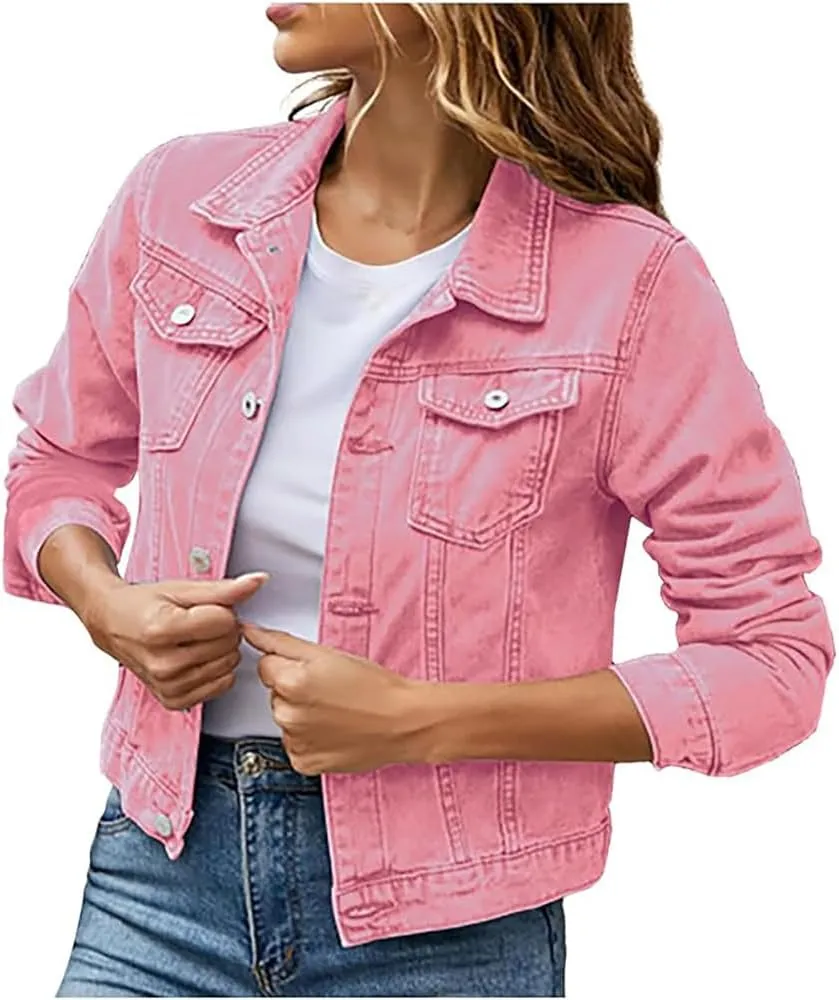 3/4 Sleeve Short Denim Jacket Plus Size,Jeans Jackets for Women 2024, Lapel Button Down Casual Jean Jackets