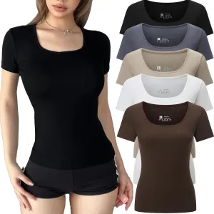 5 Pack Short Sleeve for Womens Square Neck T Shirts Fashion Casual Basic Tees Tops Summer Outfits Clothes 2025