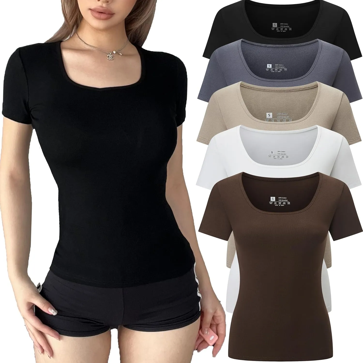 5 Pack Short Sleeve for Womens Square Neck T Shirts Fashion Casual Basic Tees Tops Summer Outfits Clothes 2025