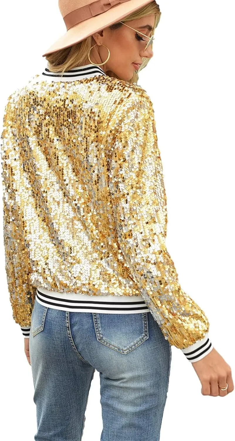 ACEFAST INC Women's Shiny Sparkle Sequins Long Sleeve Zip Blazer Halloween Party Bomber Jacket