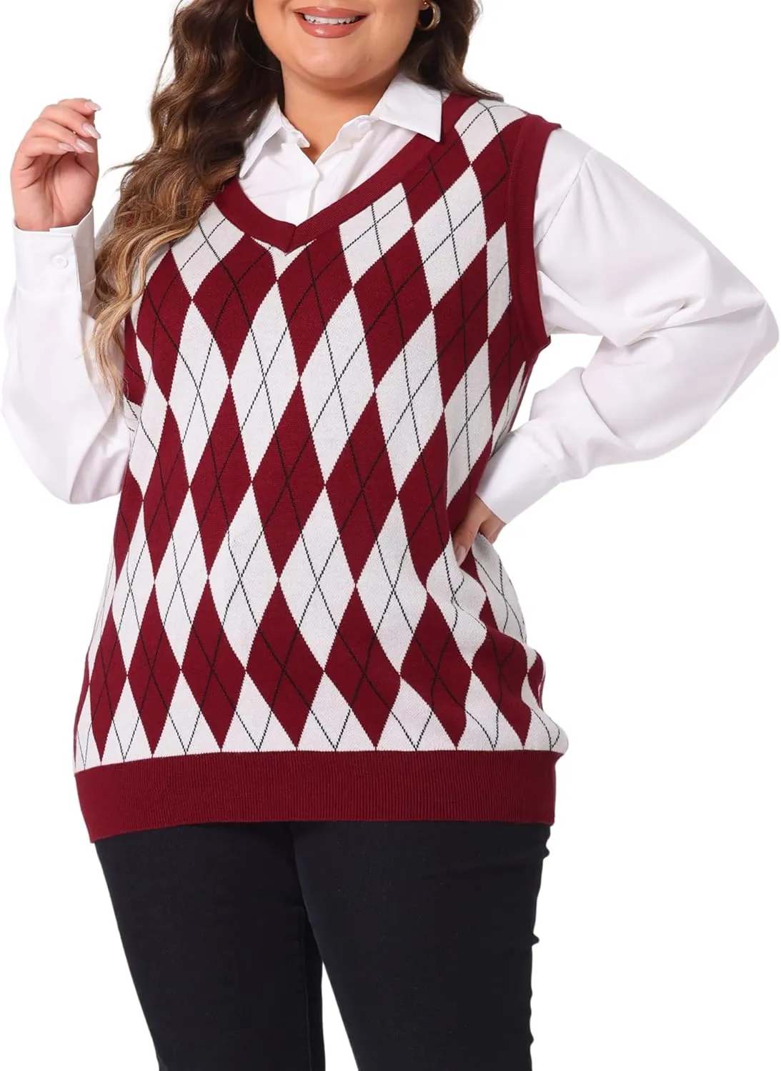 Agnes Orinda Plus Size Sweater Vest for Women Plaid Cable Knit Sleeveless Pullover Crop Top Sweater Vests