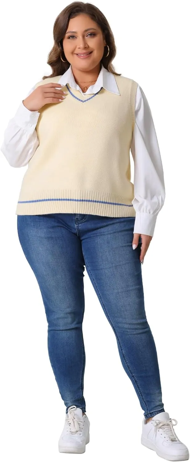 Agnes Orinda Plus Size Sweater Vest for Women V Neck Stripe Cable Knit Sleeveless Pullover Sweater Vest