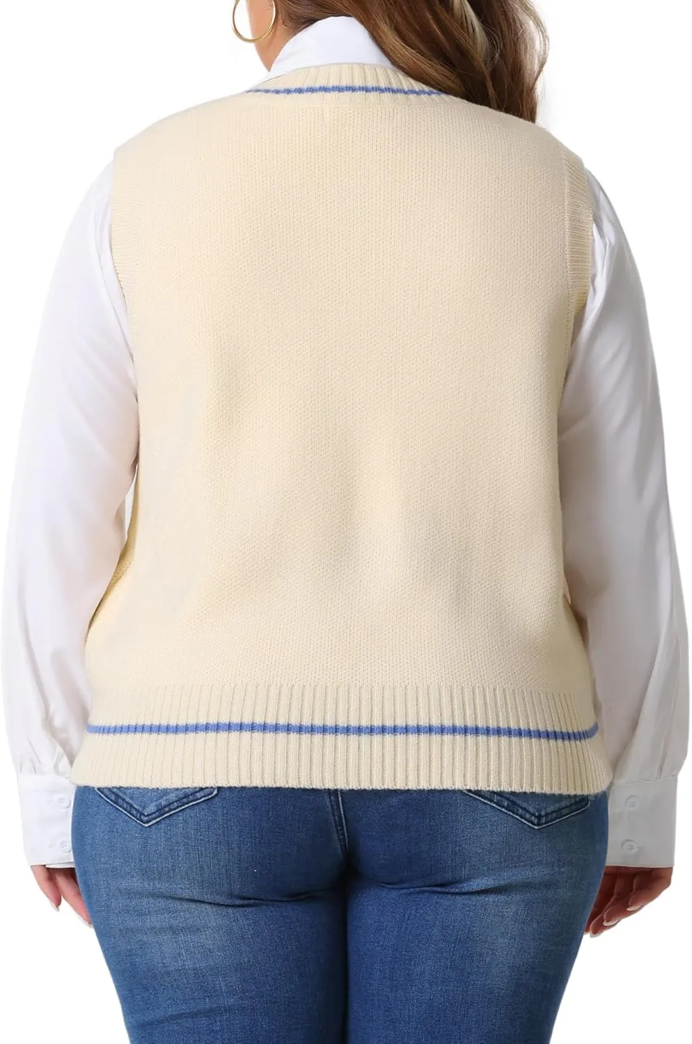 Agnes Orinda Plus Size Sweater Vest for Women V Neck Stripe Cable Knit Sleeveless Pullover Sweater Vest