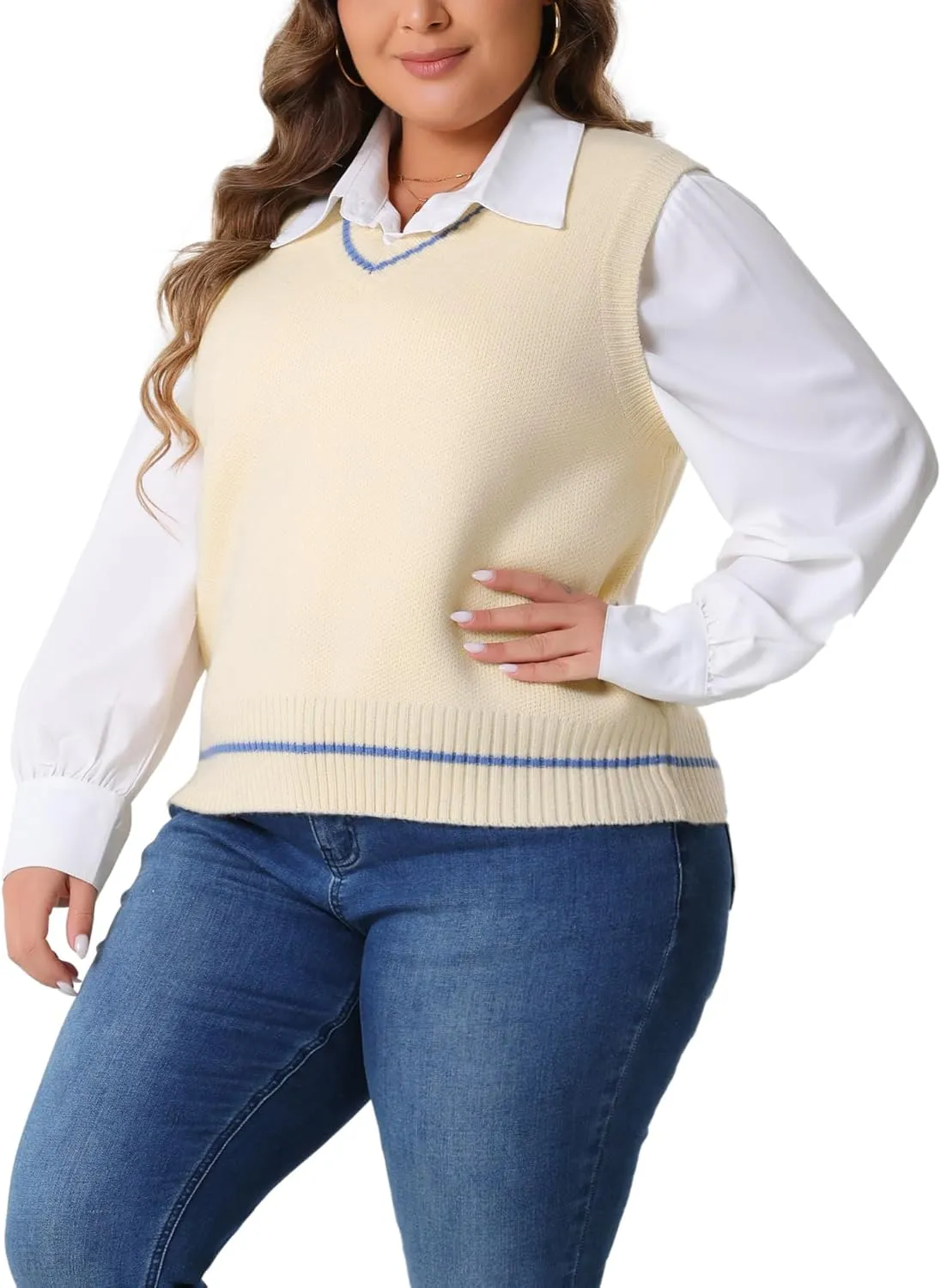Agnes Orinda Plus Size Sweater Vest for Women V Neck Stripe Cable Knit Sleeveless Pullover Sweater Vest