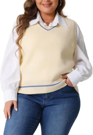 Agnes Orinda Plus Size Sweater Vest for Women V Neck Stripe Cable Knit Sleeveless Pullover Sweater Vest