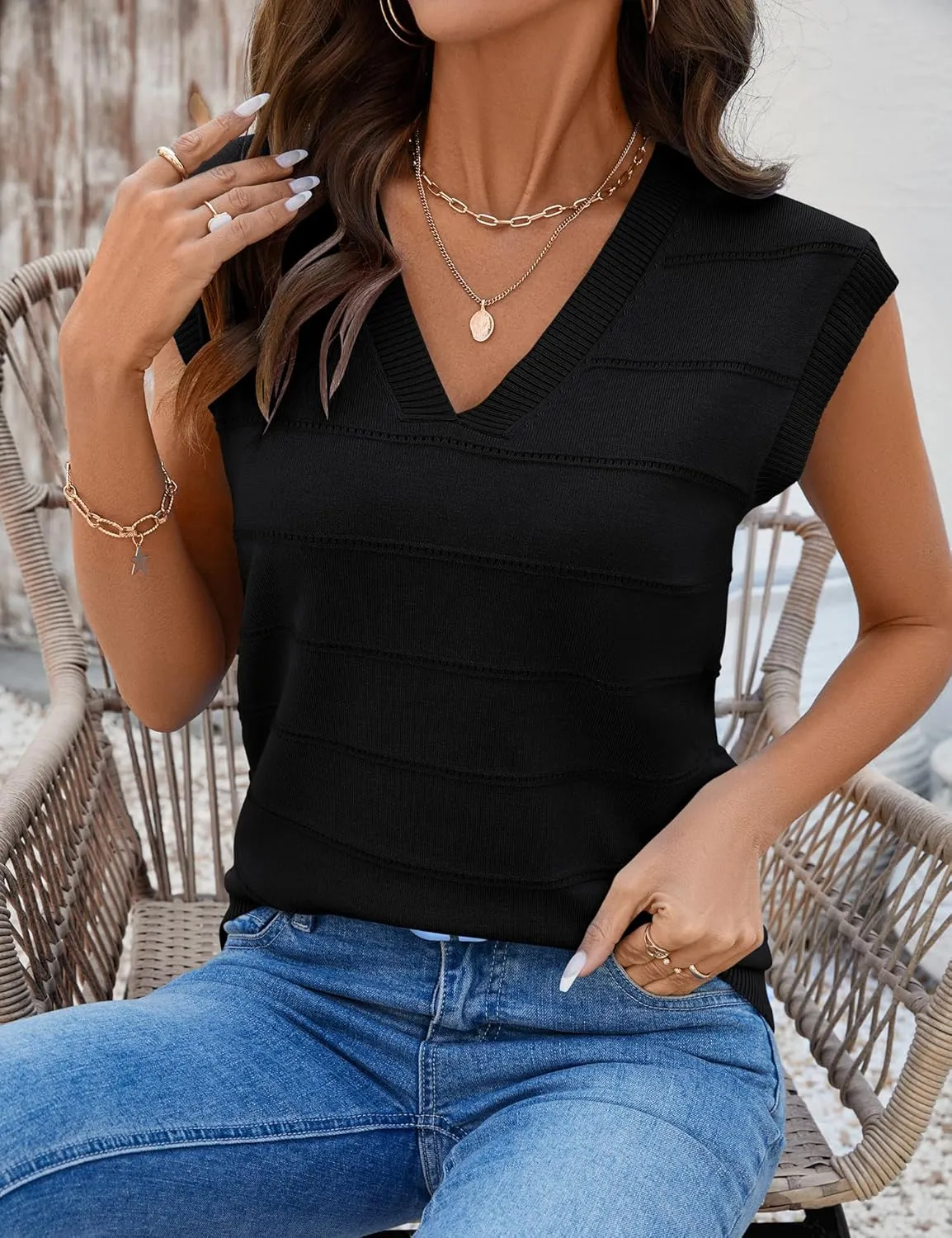 AKEWEI Sweater Vest Women Sleeveless Knitted V Neck Cap Sleeve Pullover Tank Tops 2025 Summer Fall Fashion Causal Trendy