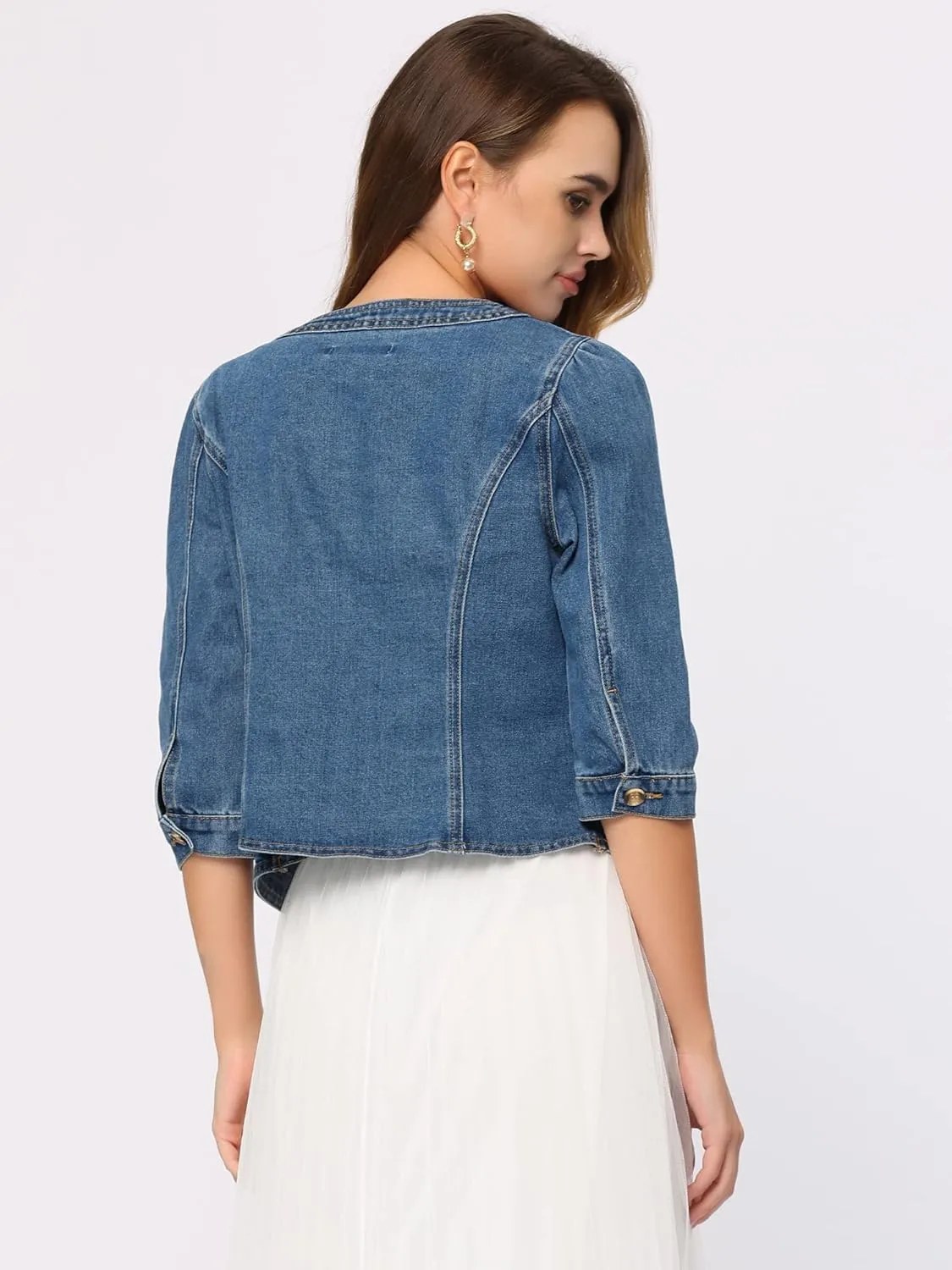 Allegra K Denim Jacket for Women's Collarless 2025 Cardigan 3/4 Sleeve Crop Jean Jackets