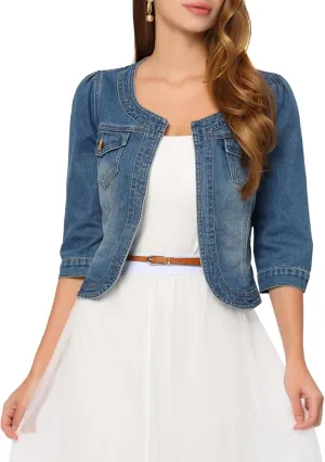 Allegra K Denim Jacket for Women's Collarless 2025 Cardigan 3/4 Sleeve Crop Jean Jackets
