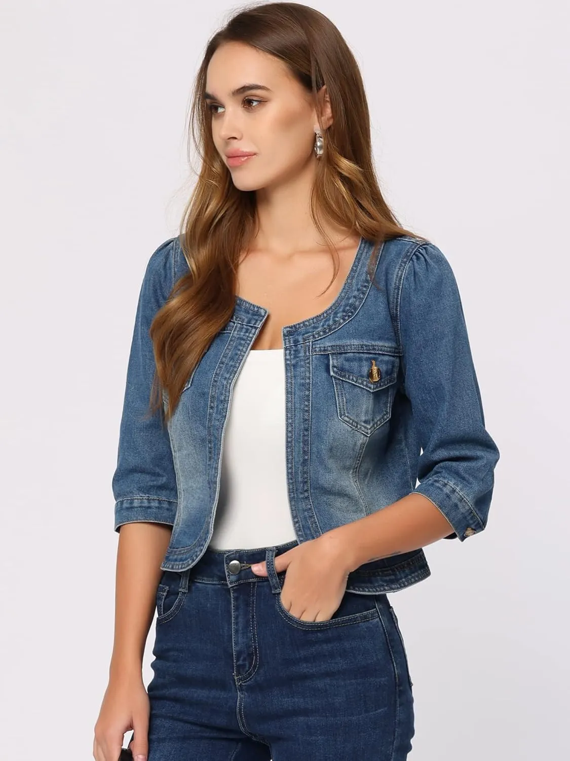 Allegra K Denim Jacket for Women's Collarless 2025 Cardigan 3/4 Sleeve Crop Jean Jackets