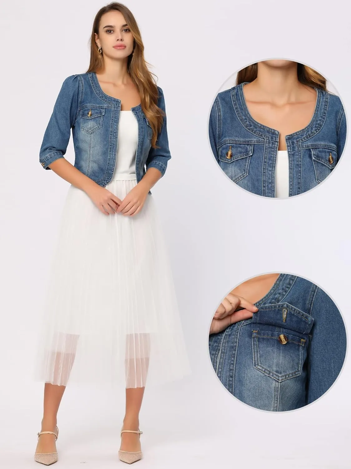 Allegra K Denim Jacket for Women's Collarless 2025 Cardigan 3/4 Sleeve Crop Jean Jackets