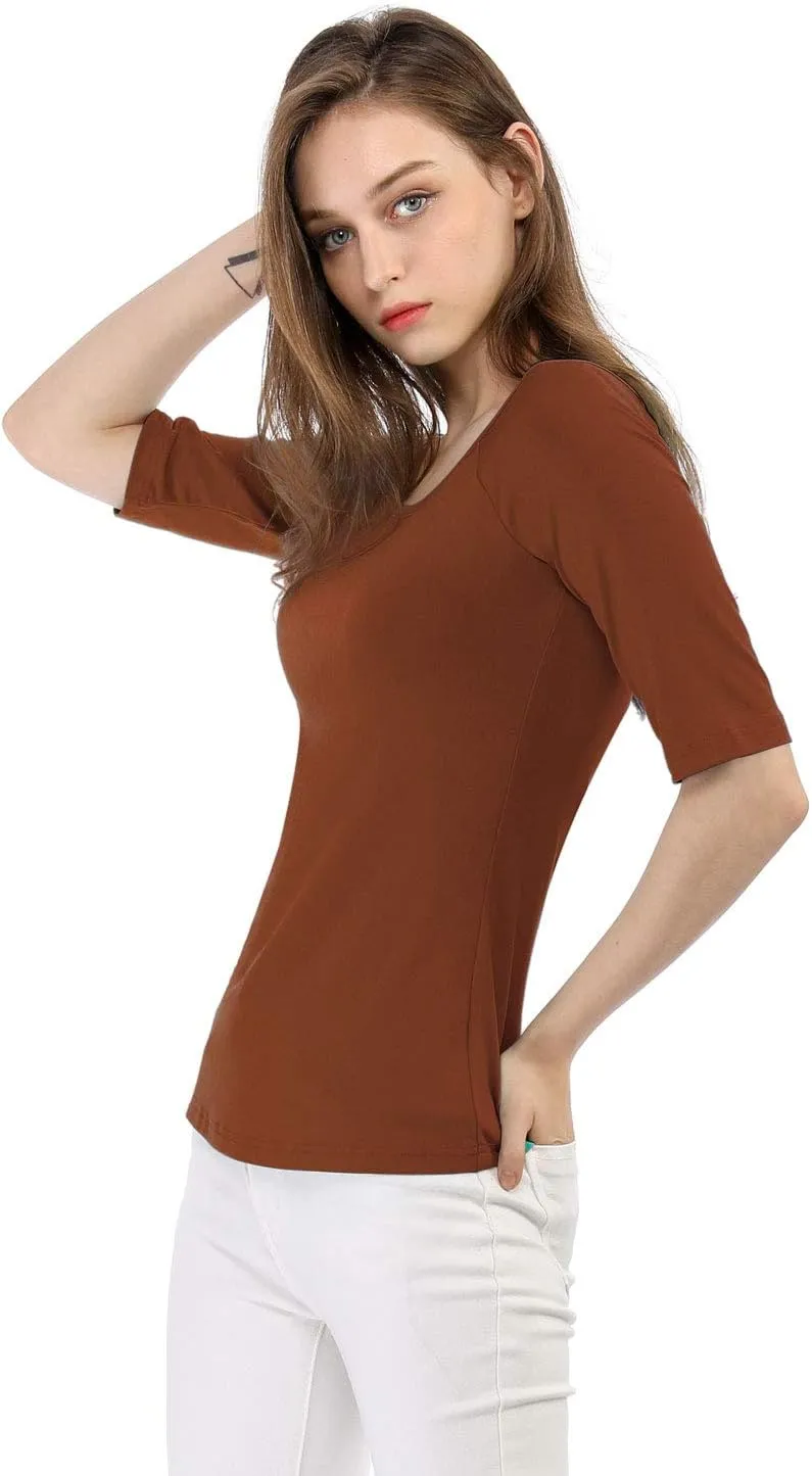Allegra K Women's Half Sleeves Scoop Neck Fitted Layering Top Soft T-Shirt