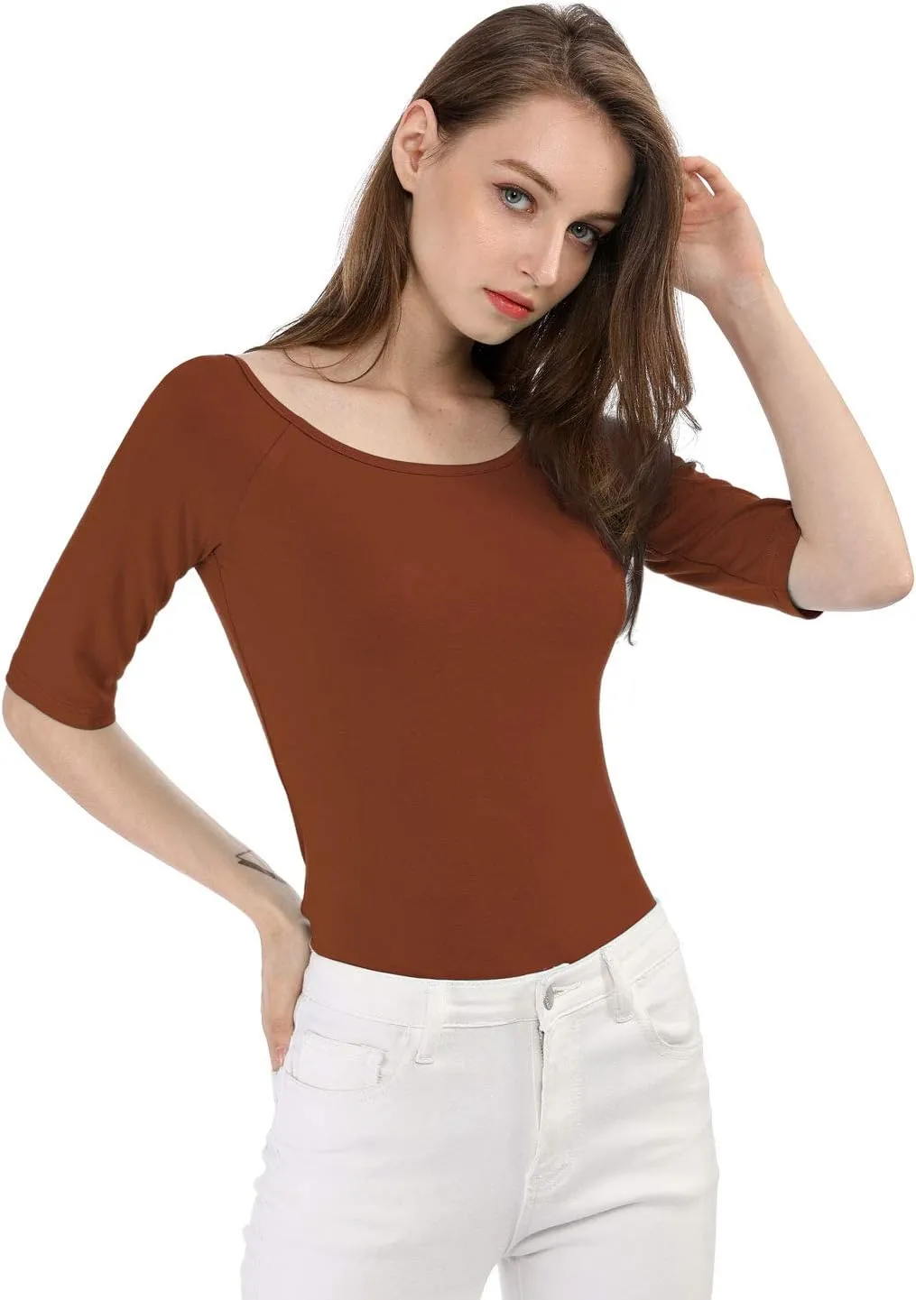 Allegra K Women's Half Sleeves Scoop Neck Fitted Layering Top Soft T-Shirt
