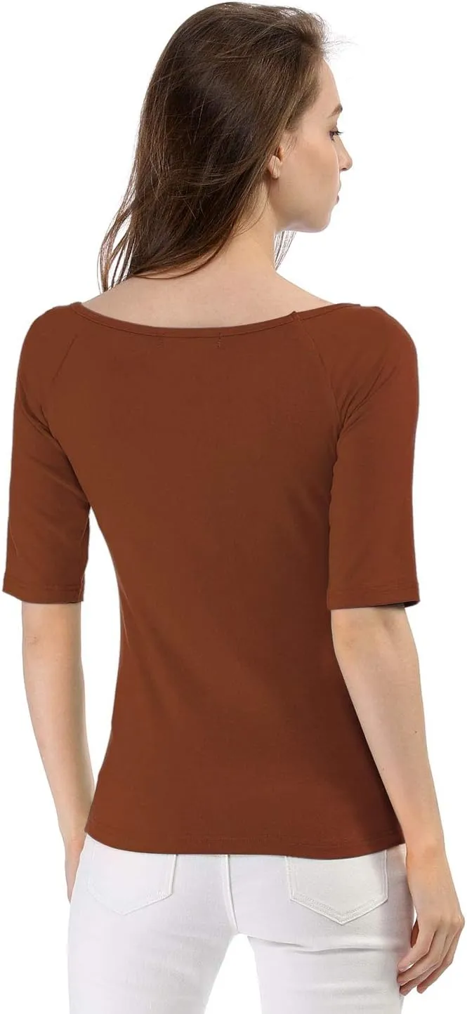 Allegra K Women's Half Sleeves Scoop Neck Fitted Layering Top Soft T-Shirt