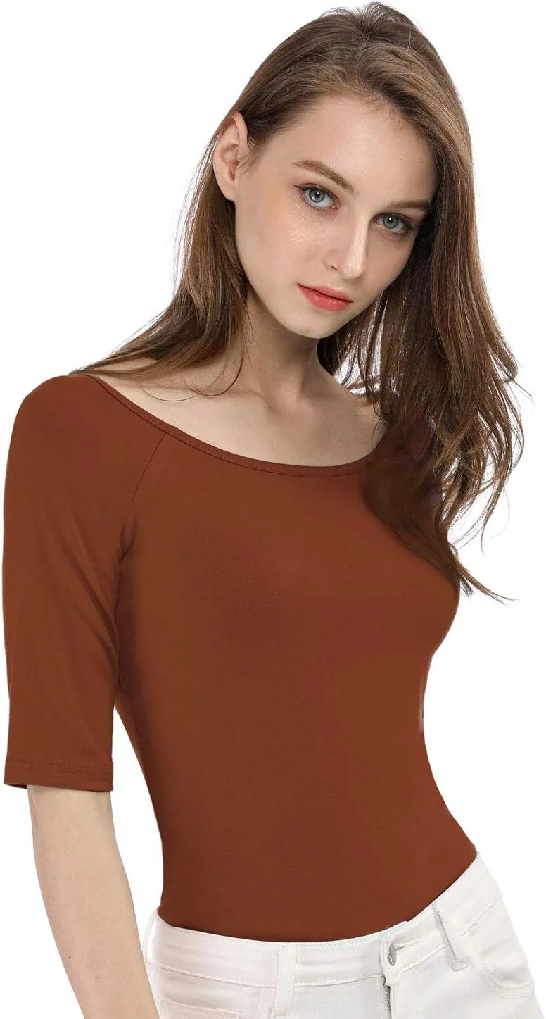 Allegra K Women's Half Sleeves Scoop Neck Fitted Layering Top Soft T-Shirt
