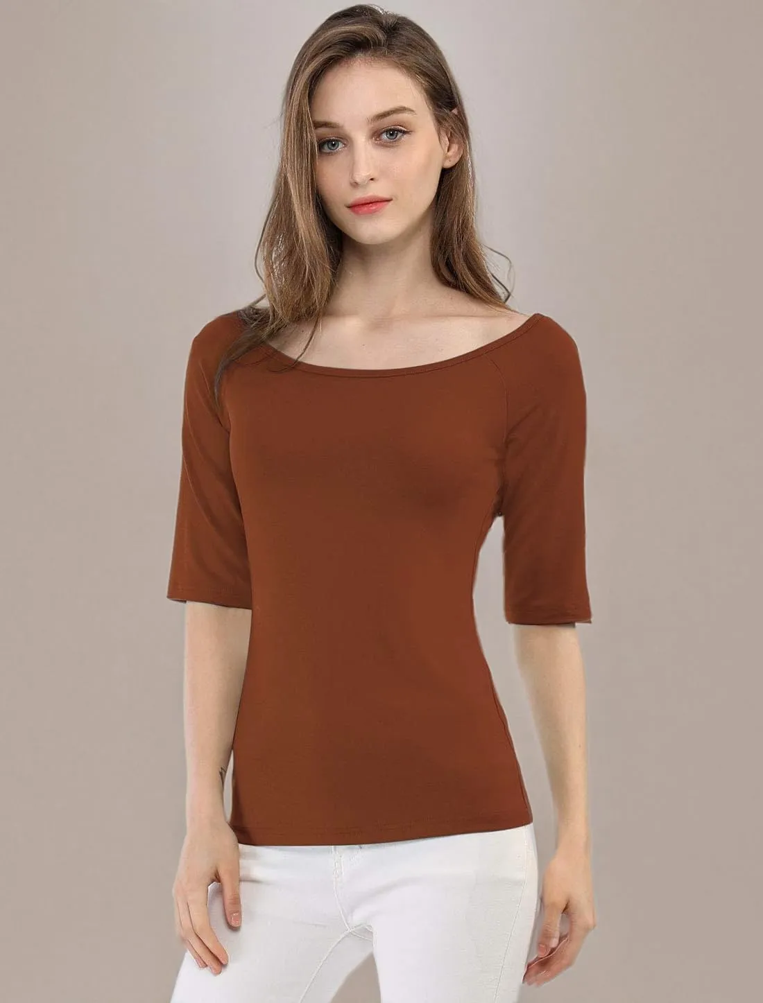 Allegra K Women's Half Sleeves Scoop Neck Fitted Layering Top Soft T-Shirt
