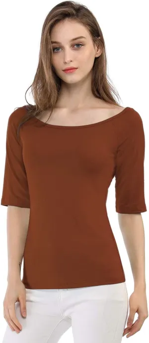 Allegra K Women's Half Sleeves Scoop Neck Fitted Layering Top Soft T-Shirt