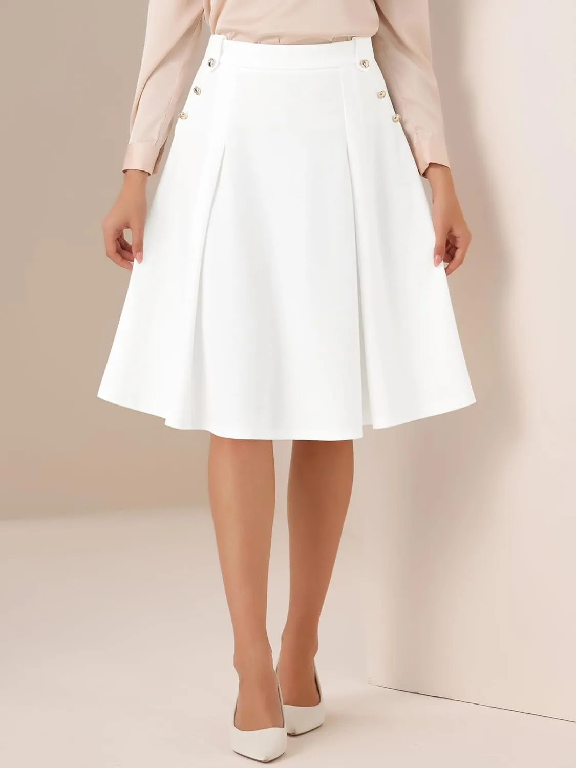 Allegra K Women's High Waist Work Office Vintage Pleated Flared Teacher Midi Skirt
