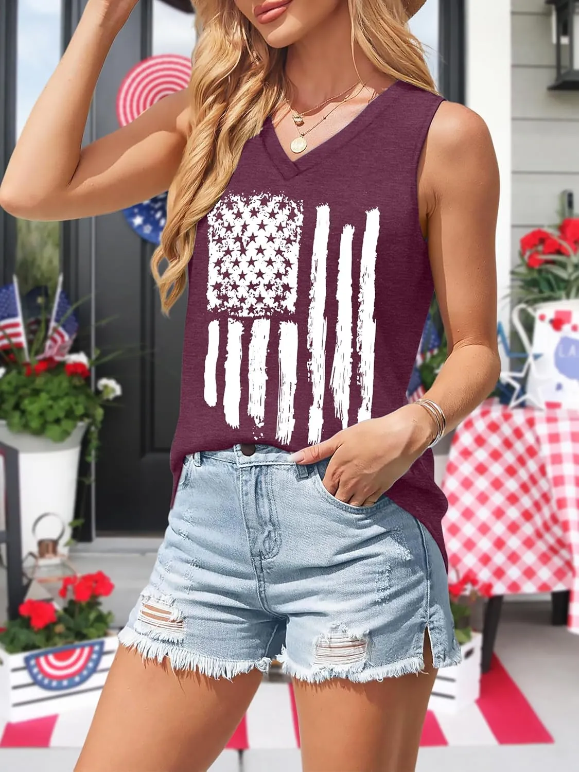 American Flag Tank Tops Women V Neck Patriotic Star Striped Shirt 4th of July Sequin Vest USA Girls Tee
