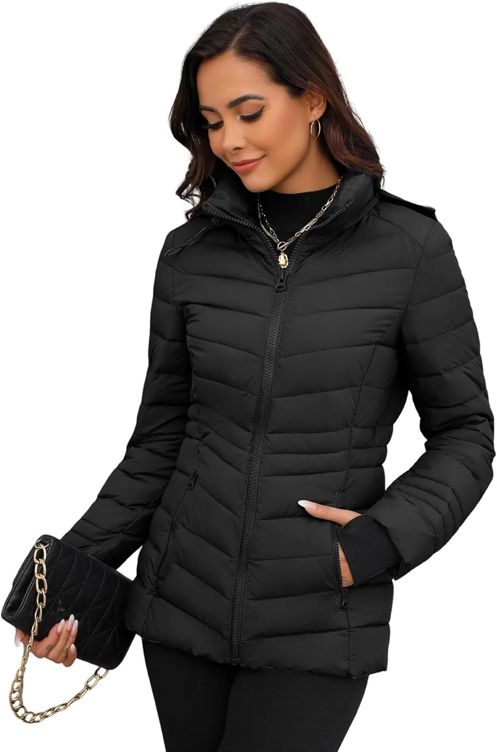 ANOTHER CHOICE Womens Packable Puffer Jacket, Lightweight Puffer Coat with Hood Winter Puffy Jacket for Women