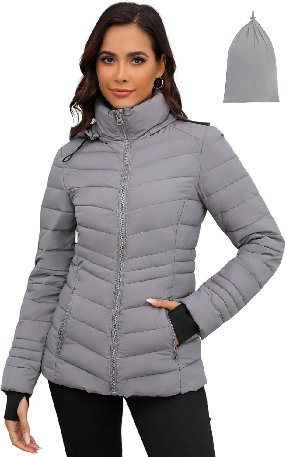 ANOTHER CHOICE Womens Packable Puffer Jacket, Lightweight Puffer Coat with Hood Winter Puffy Jacket for Women