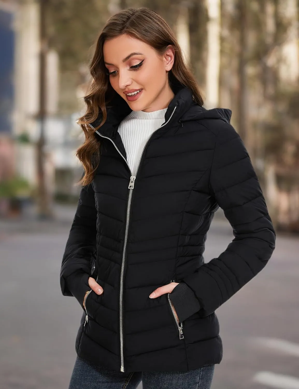 ANOTHER CHOICE Womens Packable Puffer Jacket, Lightweight Puffer Coat with Hood Winter Puffy Jacket for Women