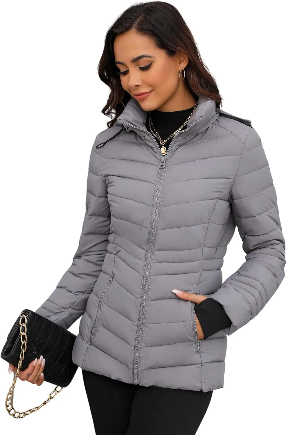 ANOTHER CHOICE Womens Packable Puffer Jacket, Lightweight Puffer Coat with Hood Winter Puffy Jacket for Women