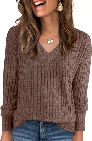 ANRABESS Long Sleeve Shirts for Women V Neck Casual Fall Tops Loose Fit Lightweight Sweaters Tunic Fashion 2024 Clothes