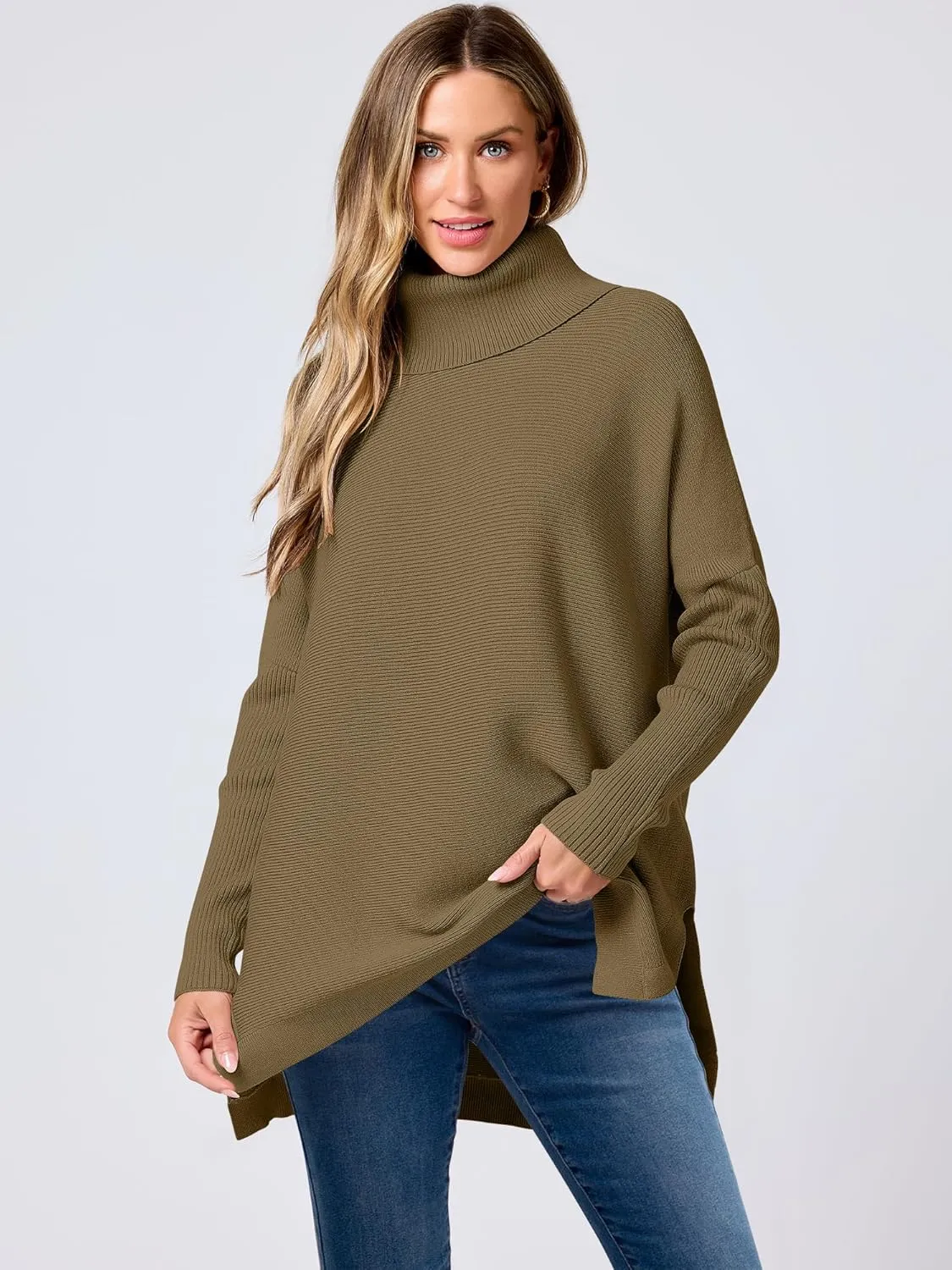 ANRABESS Women's Oversized Turtleneck Batwing Sleeve Spilt Casual Loose Knit Tunic Pullover Sweater Tops 2025 Fall Outfits