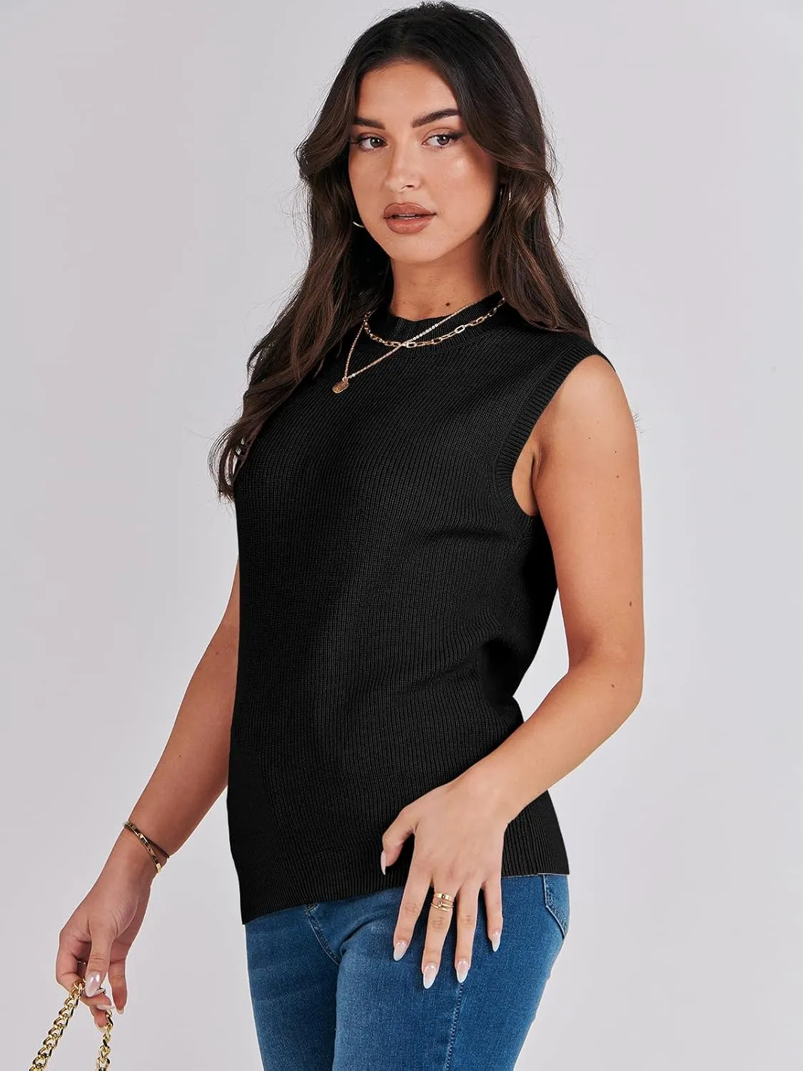 ANRABESS Womens Summer Sleeveless Tops Casual Mock Neck Loose Fit Knit Lightweight Sweater Pullover Top