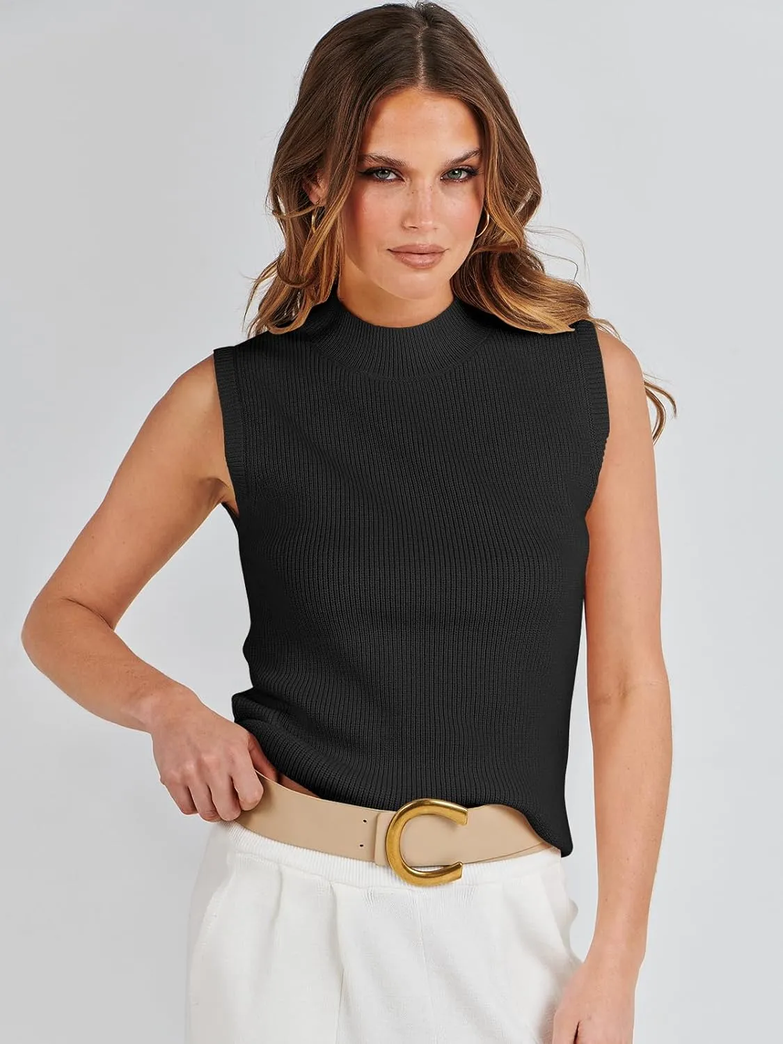 ANRABESS Womens Summer Sleeveless Tops Casual Mock Neck Loose Fit Knit Lightweight Sweater Pullover Top