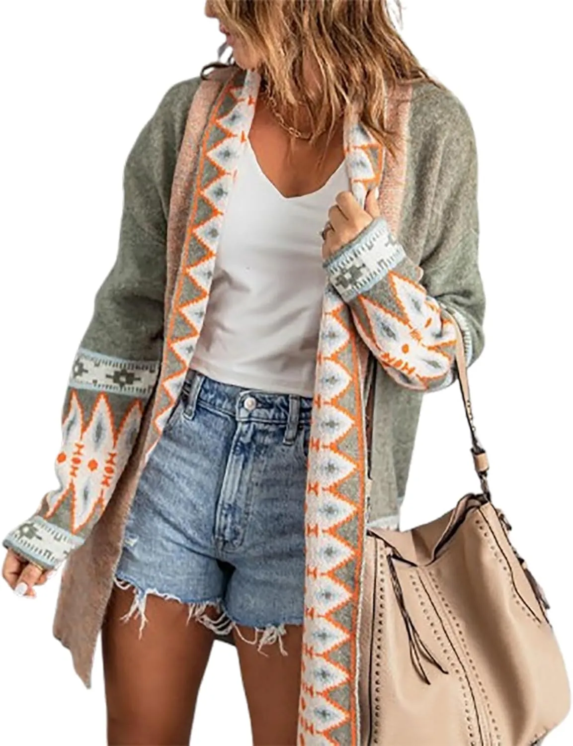 Aztec Cardigan Sweater for Women Long Sleeve Open Front Cardigan Jacket Vintage Western Ethnic Fall Knit Sweater Coat