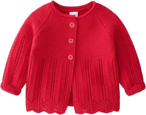 Baby Girls Knitted Cardigan Sweater Crewneck Knit Crochet Button Closure Cardigan Tops Coat Outwear for Toddler