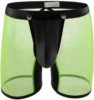 BaronHong Men's Underwear Sexy Mesh PU Leather Boxer Briefs Low Rise Erotic Rmovable Pouch Rave Party Servant Uniform