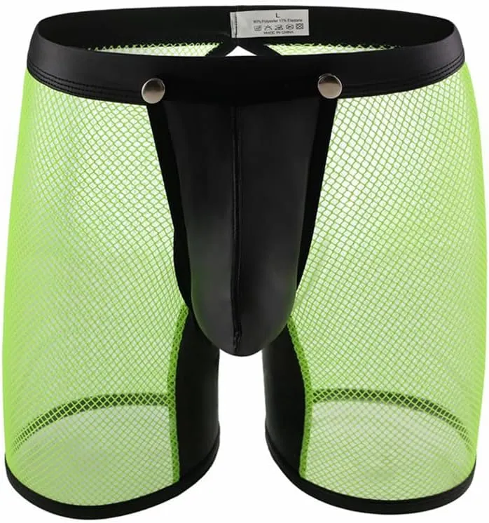 BaronHong Men's Underwear Sexy Mesh PU Leather Boxer Briefs Low Rise Erotic Rmovable Pouch Rave Party Servant Uniform