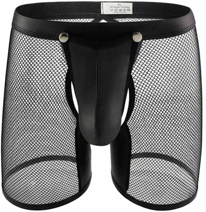 BaronHong Men's Underwear Sexy Mesh PU Leather Boxer Briefs Low Rise Erotic Rmovable Pouch Rave Party Servant Uniform