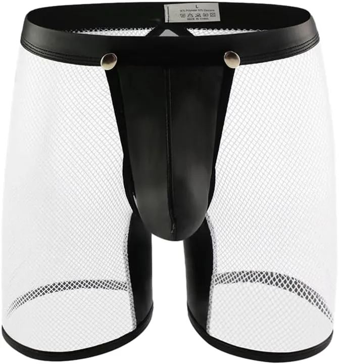 BaronHong Men's Underwear Sexy Mesh PU Leather Boxer Briefs Low Rise Erotic Rmovable Pouch Rave Party Servant Uniform