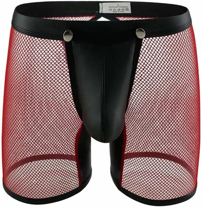 BaronHong Men's Underwear Sexy Mesh PU Leather Boxer Briefs Low Rise Erotic Rmovable Pouch Rave Party Servant Uniform