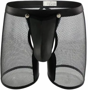 BaronHong Men's Underwear Sexy Mesh PU Leather Boxer Briefs Low Rise Erotic Rmovable Pouch Rave Party Servant Uniform