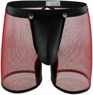 BaronHong Men's Underwear Sexy Mesh PU Leather Boxer Briefs Low Rise Erotic Rmovable Pouch Rave Party Servant Uniform