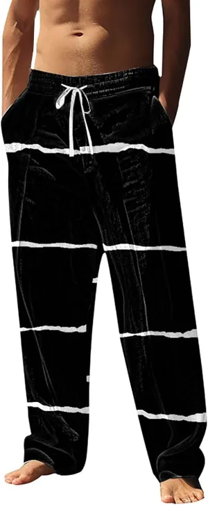 Beach Pants Men Baggy Striped Wide Leg Drawstrings Elastic Waist Loose Fit Trousers Summer Boho Yoga Pants