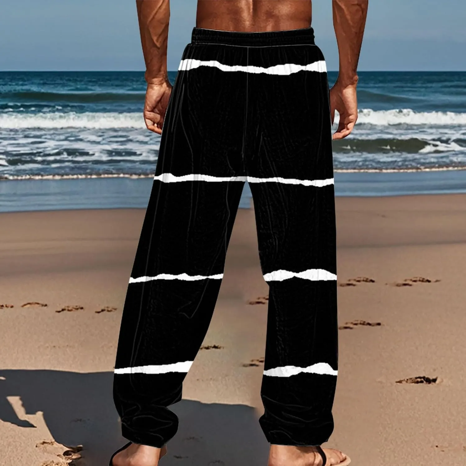 Beach Pants Men Baggy Striped Wide Leg Drawstrings Elastic Waist Loose Fit Trousers Summer Boho Yoga Pants