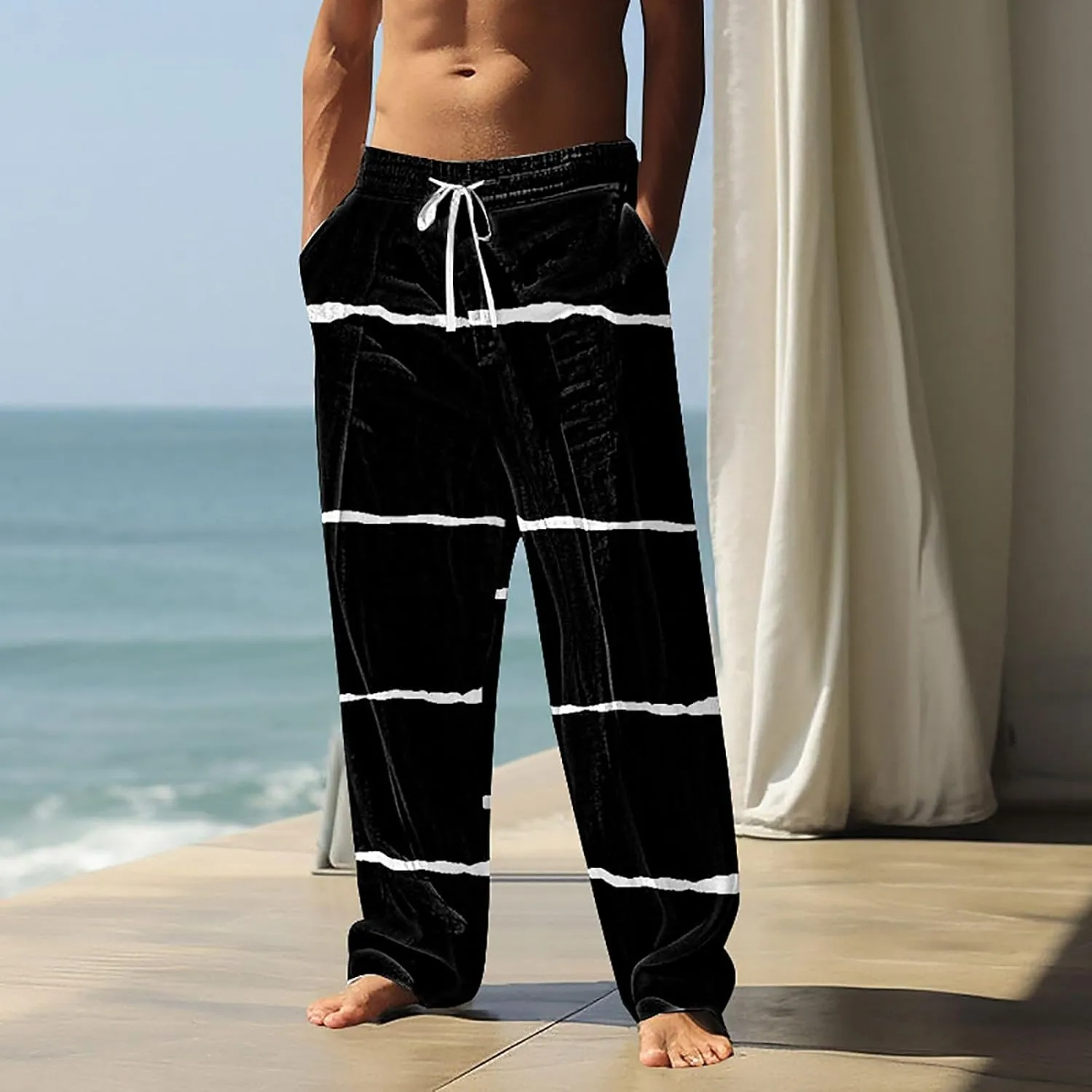 Beach Pants Men Baggy Striped Wide Leg Drawstrings Elastic Waist Loose Fit Trousers Summer Boho Yoga Pants