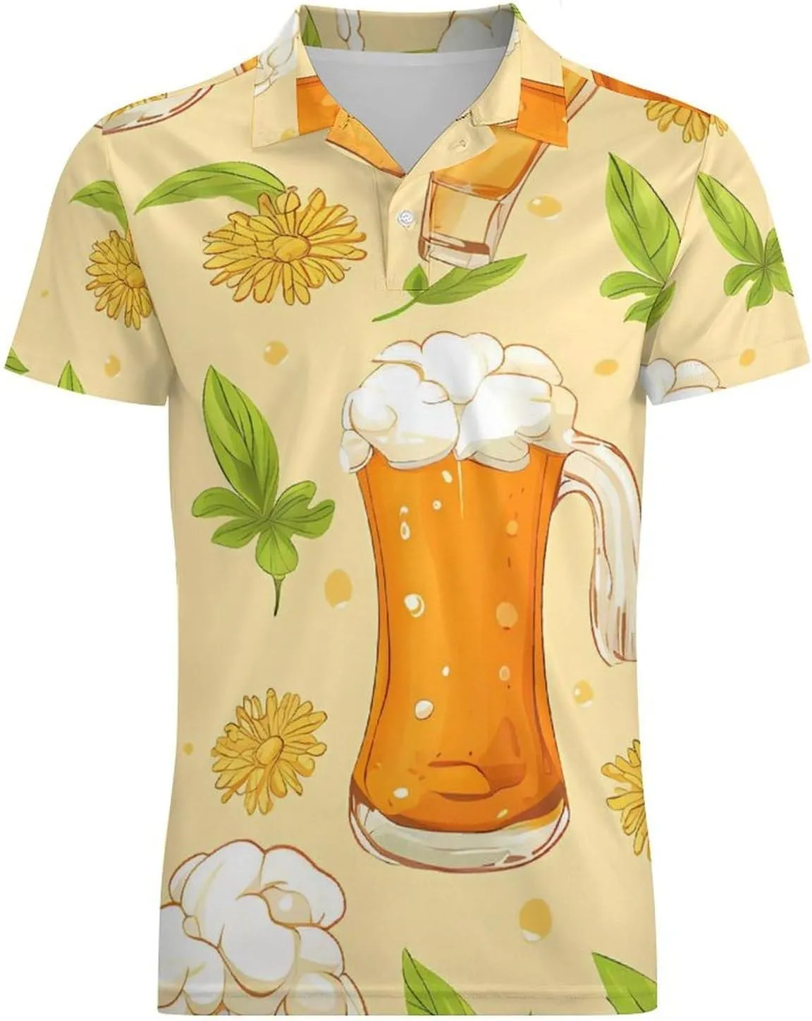 Beer Flowers and Leaf Men's Polo Shirt Short Sleeve Casual Athletic Quick Dry Golf T-Shirts