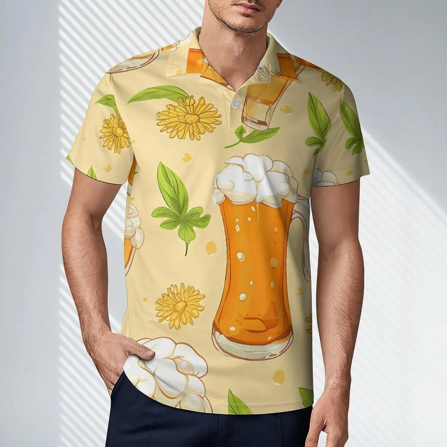 Beer Flowers and Leaf Men's Polo Shirt Short Sleeve Casual Athletic Quick Dry Golf T-Shirts