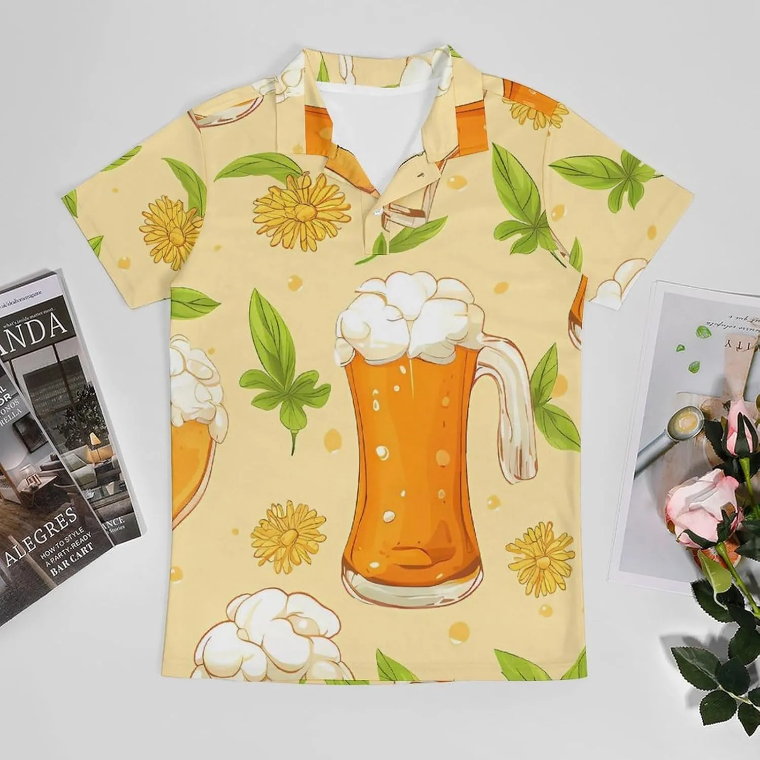 Beer Flowers and Leaf Men's Polo Shirt Short Sleeve Casual Athletic Quick Dry Golf T-Shirts