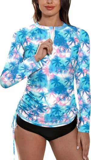 BesserBay Women's UPF 50  UV Sun Protection Rash Guard Shirt Half Zip Long Sleeve Ruched Tie Side Swim Top Swim Shirt